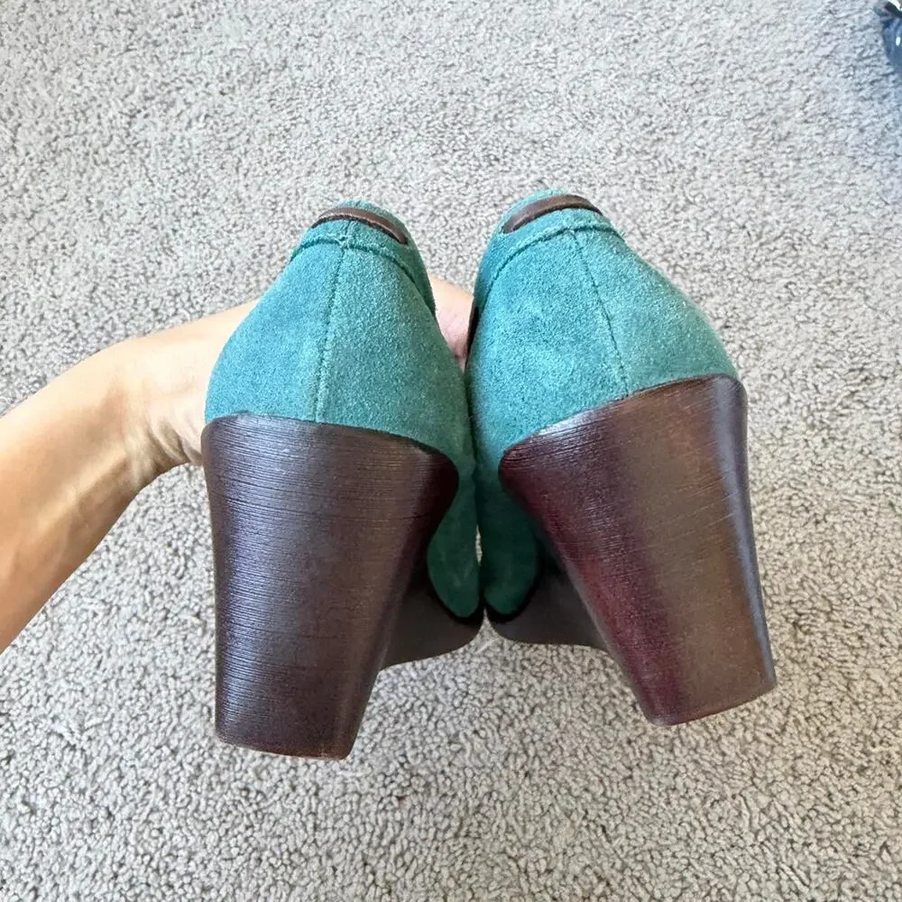 BC Footwear teal suede wedge loafers with embroidered and beaded floral design